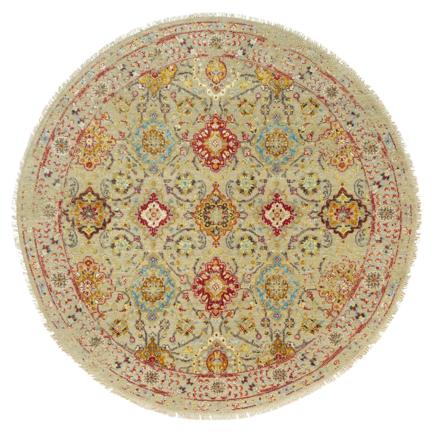 6'x6' Beige The Sunset Rosettes with Soft Colors Hand Knotted Wool and Silk Roun