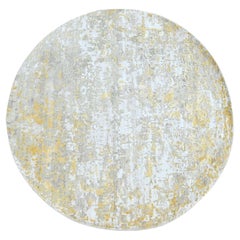 Tappeto rotondo 6'x6' beige e oro in lana e seta con disegno astratto annodato a mano