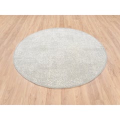6'x6'  Tapis oriental beige en laine et soie, tissé à la main en jacquard fin, rond