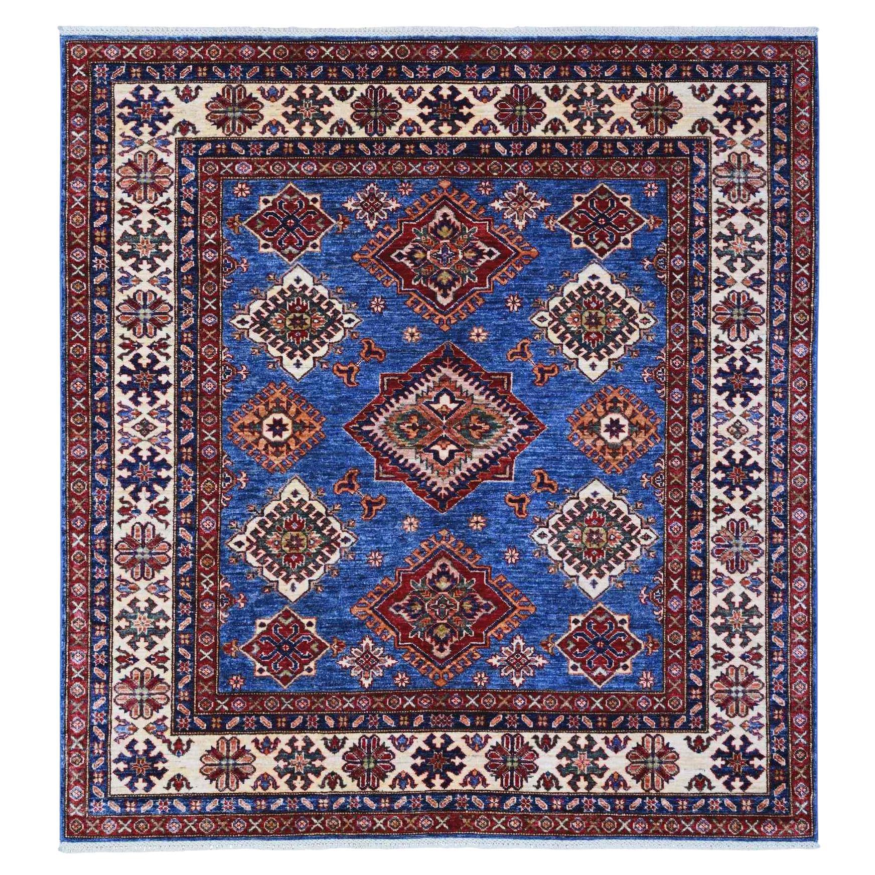 Alfombra Oriental de Lana Super Kazak Medallones Anudada a Mano Azul Baya 6
x6