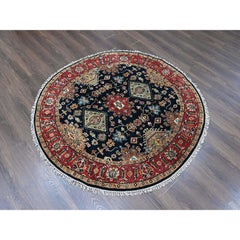 6'x6' Black Pure Wool Hand Knotted Karajeh with Medallions Design Round Rug