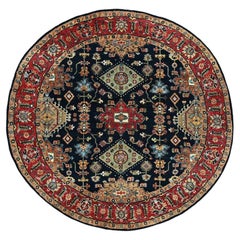 6'x6' Black Pure Wool Hand Knotted Karajeh with Medallions Design Round Rug