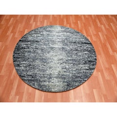 6'x6' Black, Striae Design, Wool and Silk Hand Knotted Round Oriental Rug