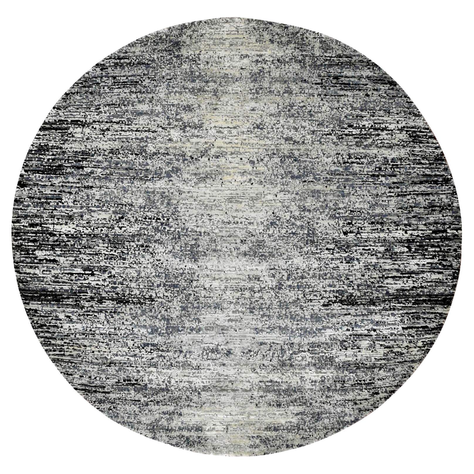 Alfombra Oriental Redonda Anudada a Mano de Lana y Seda, 6'x6' Negra, Diseño Striae