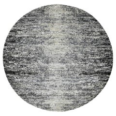 6'x6' Black, Striae Design, Wool and Silk Hand Knotted Round Oriental Rug