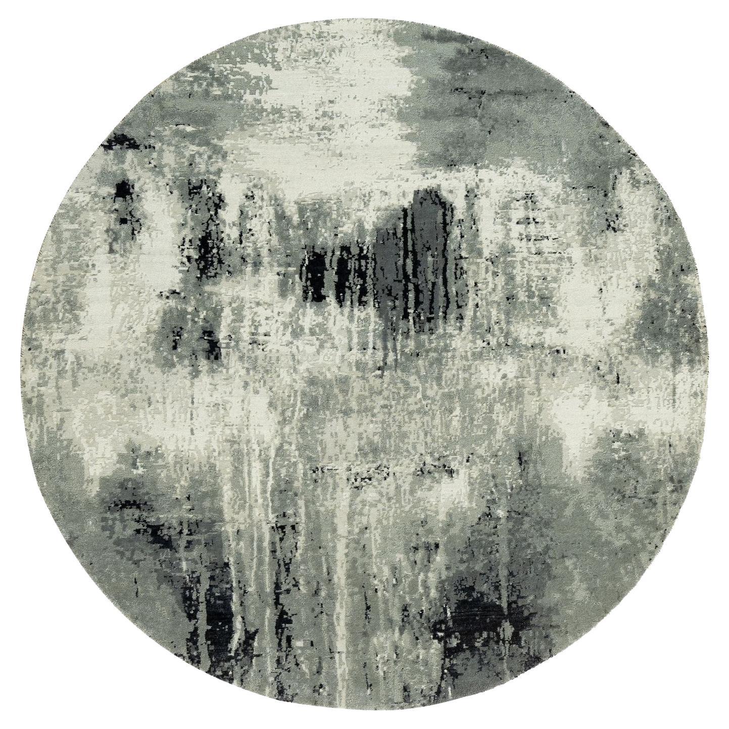 6
x6
 Black with Ivory Abstract Design Wool and Silk Hand Knotted Round Rug For Sale