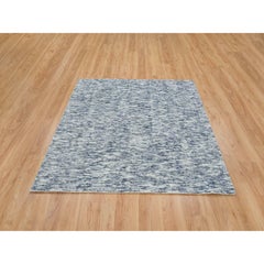 6'x6' Blue and Ivory, Modern Striae Design, Wool Hand Loomed, Square Rug