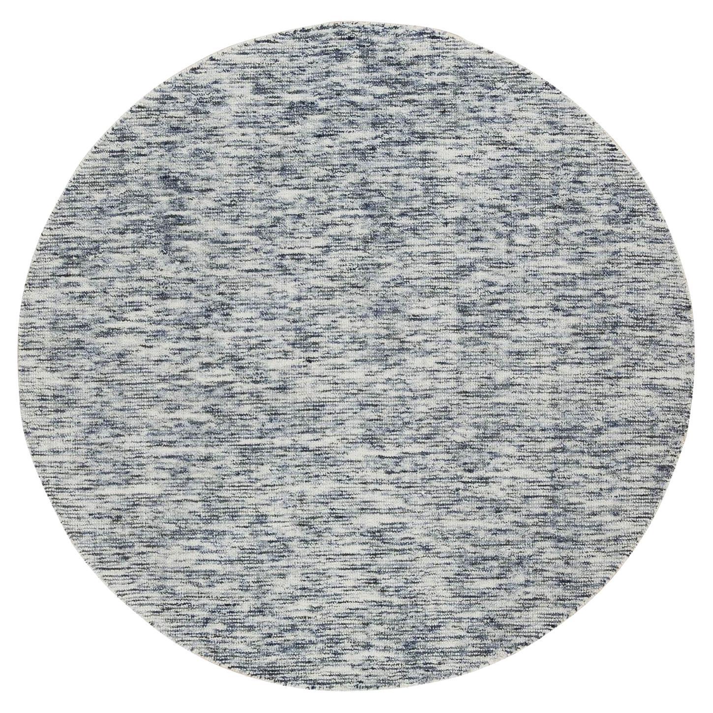 Alfombra redonda 6'x6' Azul y Marfil de pura lana tejida a mano con diseño moderno de estrías