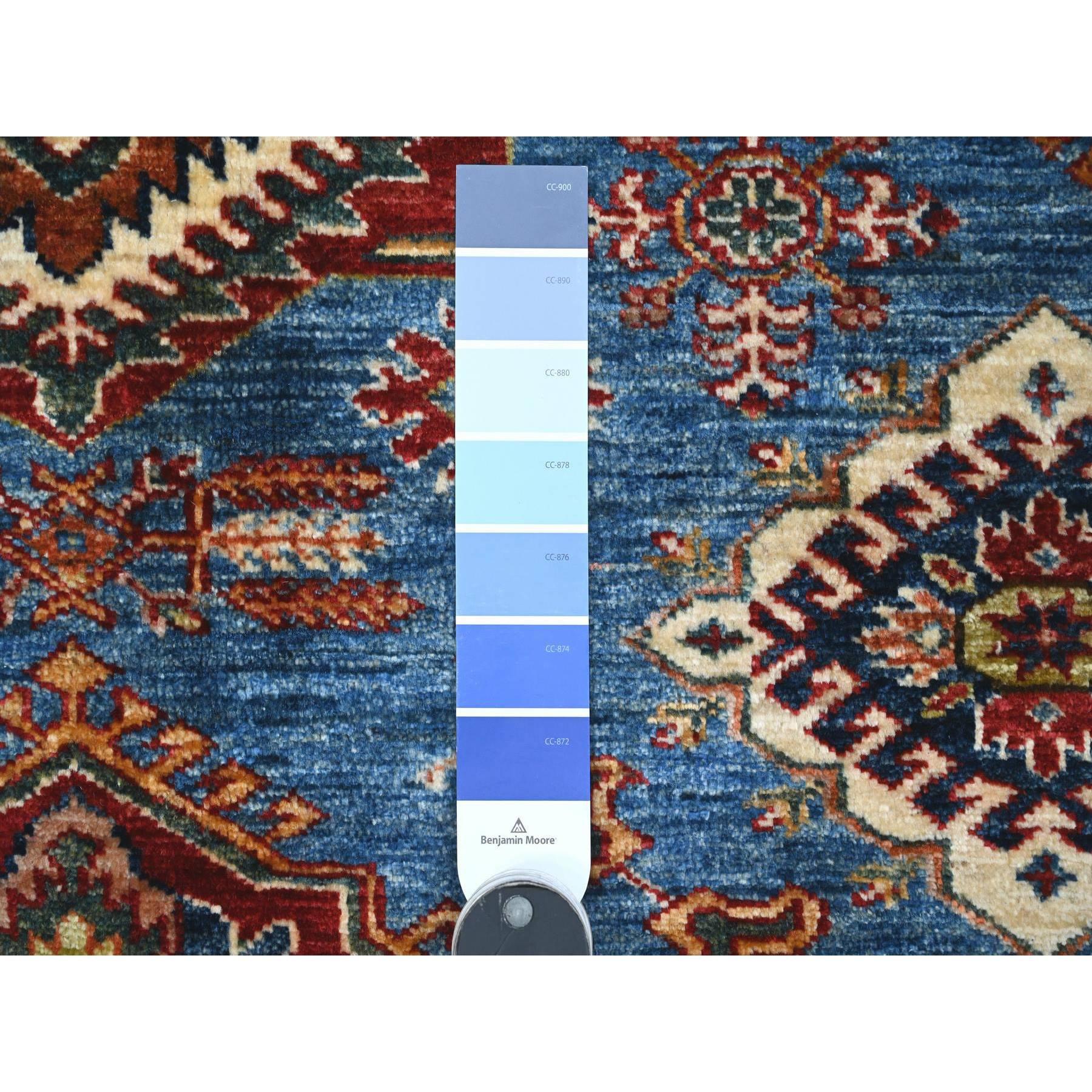 6'x6' Alfombra Oriental Cuadrada de Lana Azul Anudada a Mano con Elementos Tribales Super Kazak Kazajo en venta