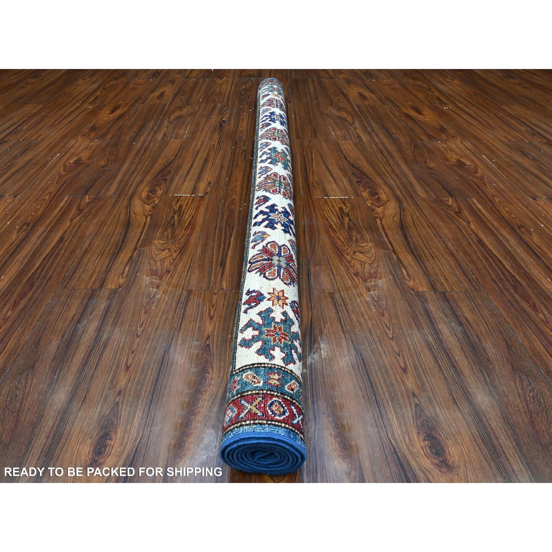 6'x6' Alfombra Oriental Cuadrada de Lana Azul Anudada a Mano con Elementos Tribales Super Kazak Afgano en venta