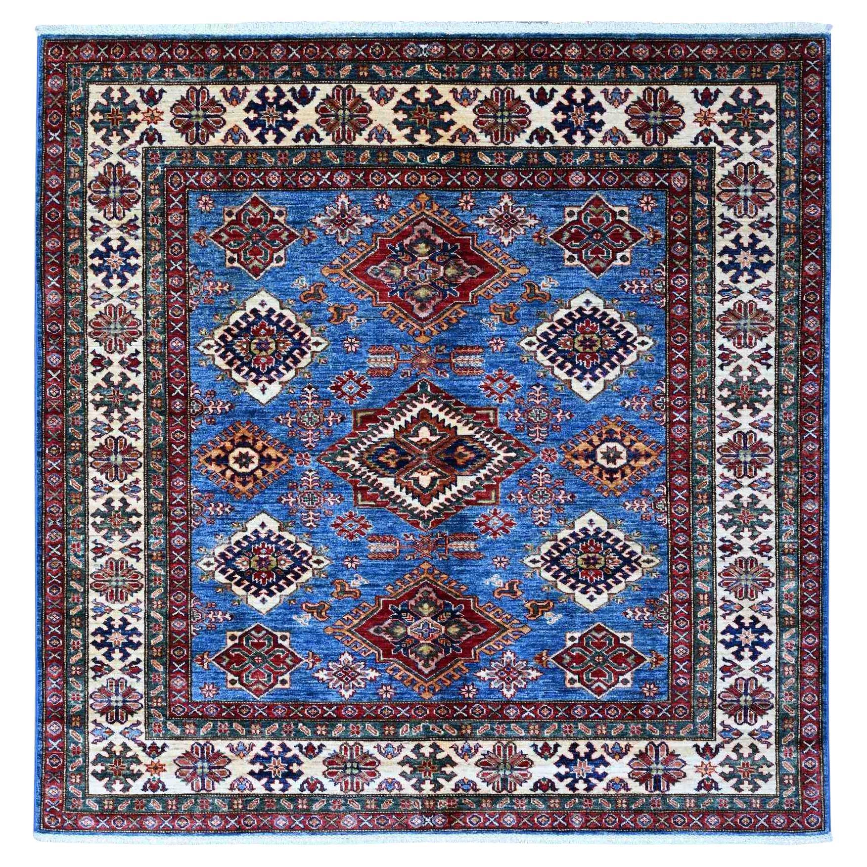 6'x6' Blue Hand Knotted Super Kazak Tribal Elements Wool Square Oriental Rug