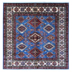 6'x6' Alfombra Oriental Cuadrada de Lana Azul Anudada a Mano con Elementos Tribales Super Kazak