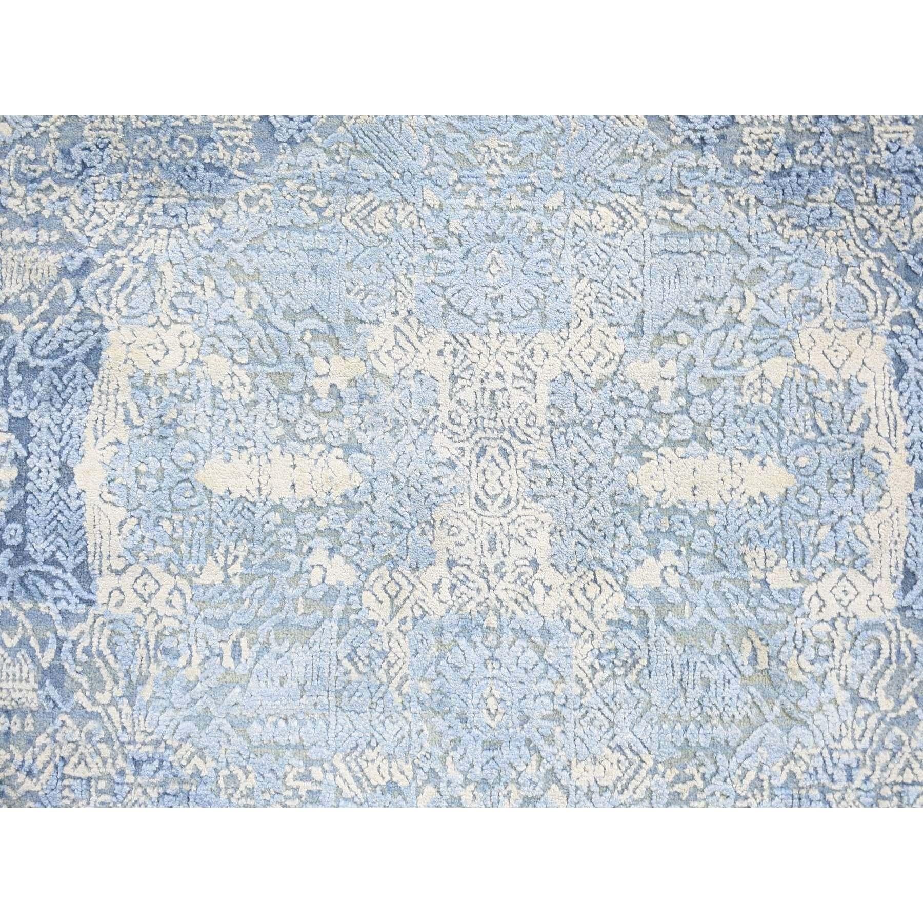 Modern 6'x6' Blue Hand Knotted Wool and Pure Silk Jewellery Design Oriental Rug For Sale