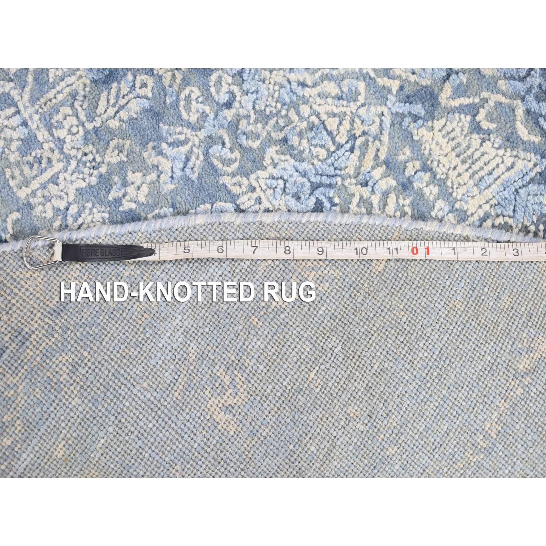 Contemporary 6'x6' Blue Hand Knotted Wool and Pure Silk Jewellery Design Oriental Rug For Sale