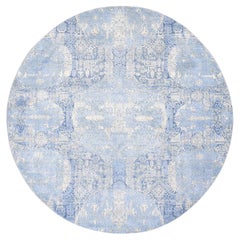 6'x6' Blue Hand Knotted Wool and Pure Silk Jewellery Design Oriental Rug