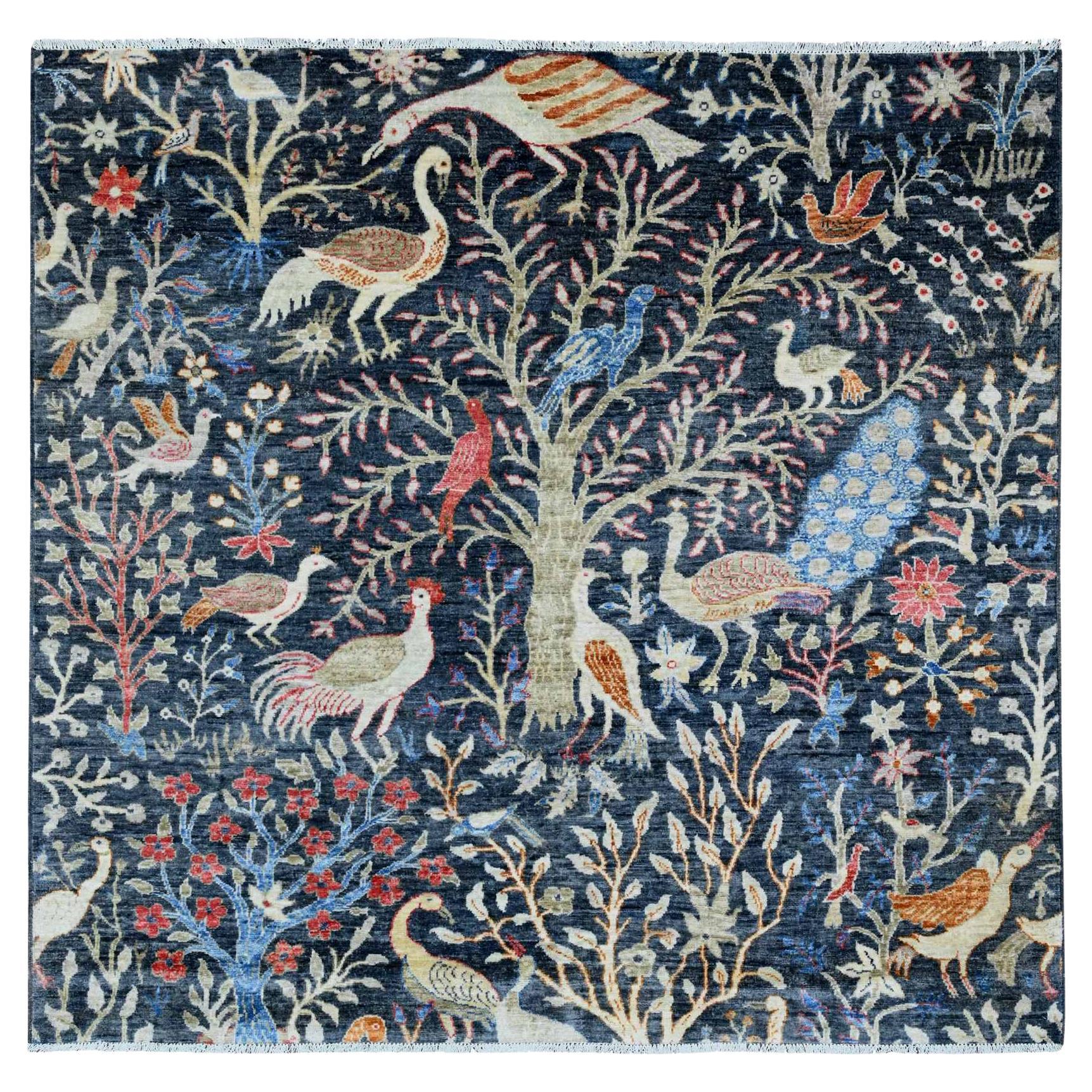 6'x6' Blue Peshawar Bird of Paradise Design Tappeto quadrato annodato a mano interamente in lana