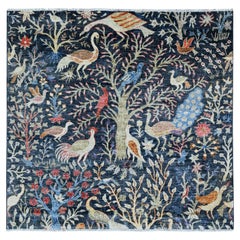 6'x6' Blue Peshawar Bird of Paradise Design Tappeto quadrato annodato a mano interamente in lana