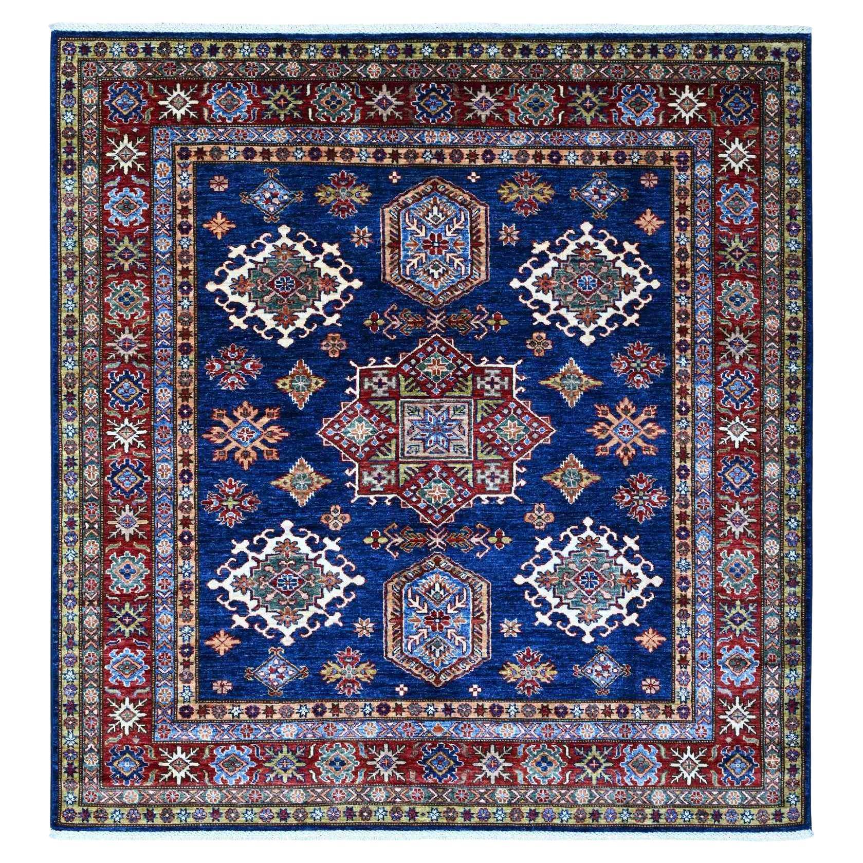 Alfombra Oriental Cuadrada de Lana Pura Super Kazak Anudada a Mano Azul Boeing 6'x6