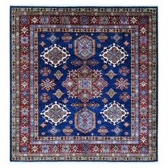 Alfombra Oriental Cuadrada de Lana Pura Super Kazak Anudada a Mano Azul Boeing 6'x6