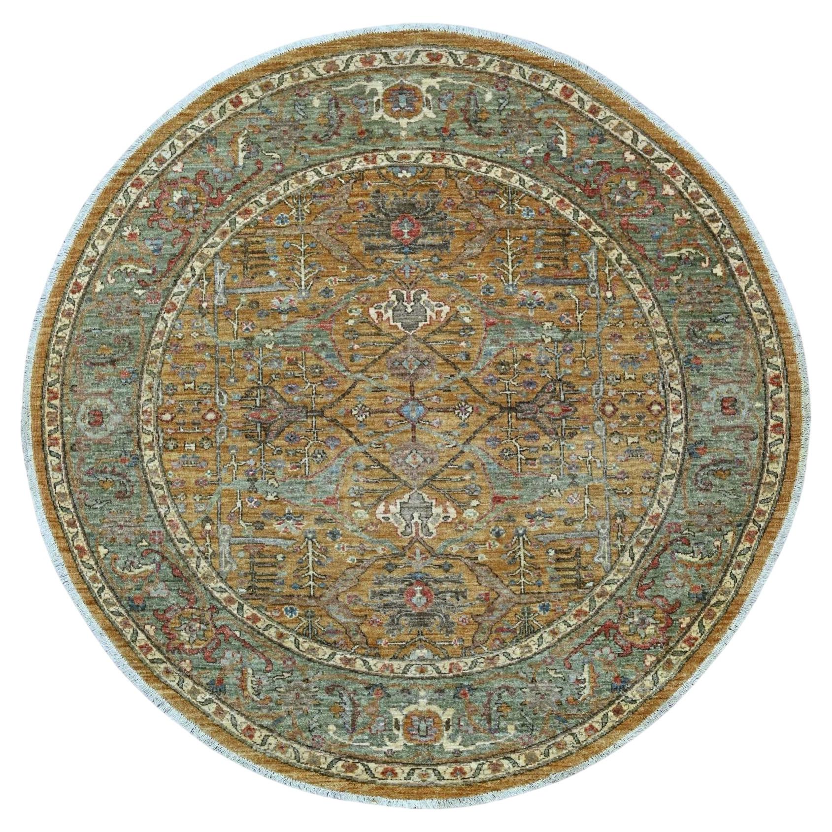 6'x6' Brown Peshawar with Bijar Garus Design Wool Hand Knotted Round Rug For Sale