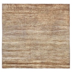 6'x6' Brown Plain Solid Pattern Hand Knotted Ghazni Wool Square Oriental Rug
