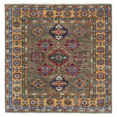 6'x6' Brown Super Kazak with Geometric Design Hand Knotted Wool Square Rug