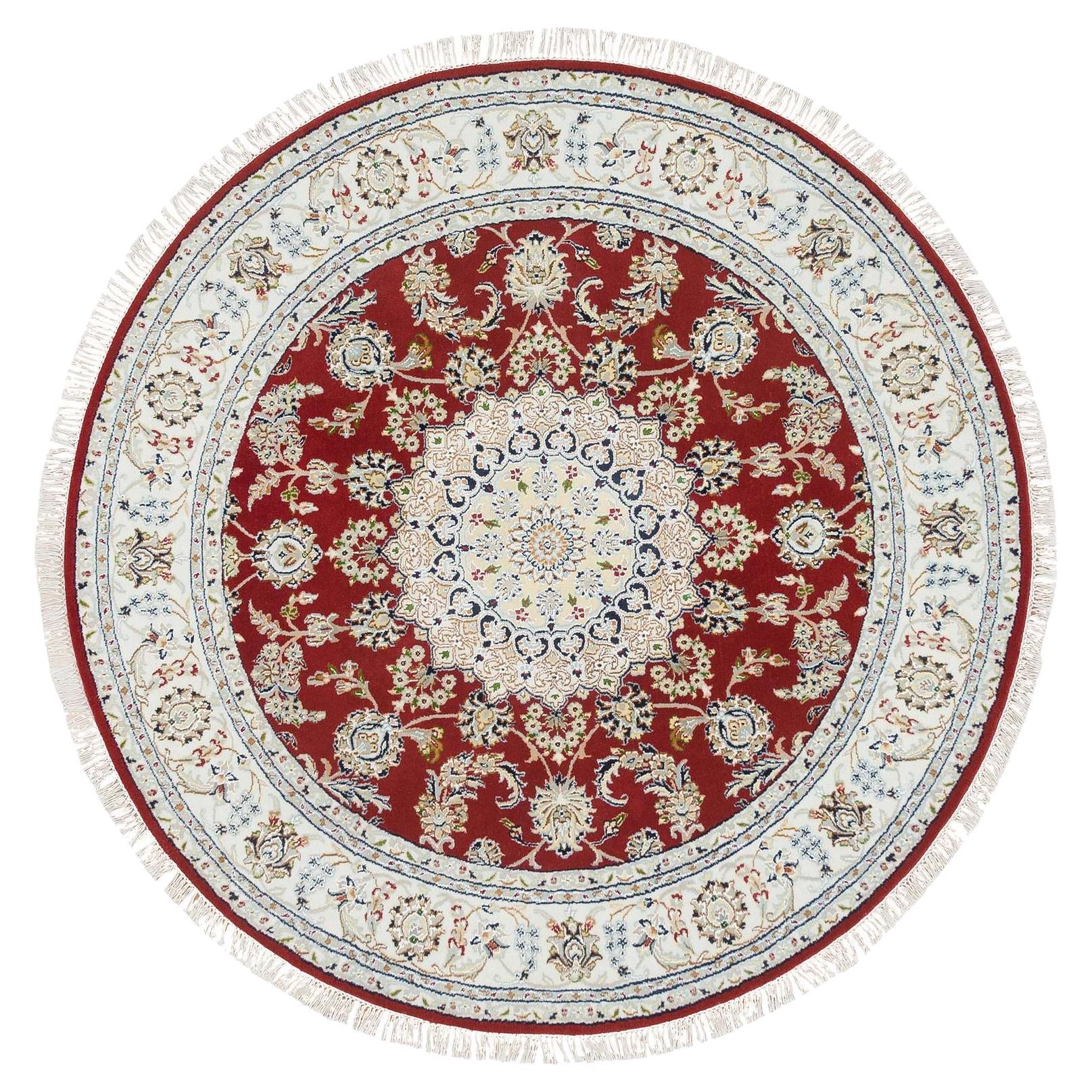 6'x6' Burgundy Red Nain Design 250 KPSI Wool Hand Knotted Round Rug