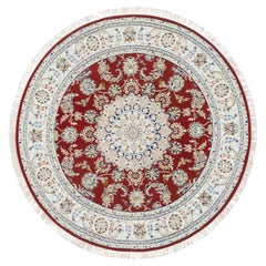 6'x6' Burgundy Red Nain Design 250 KPSI Wool Hand Knotted Round Rug