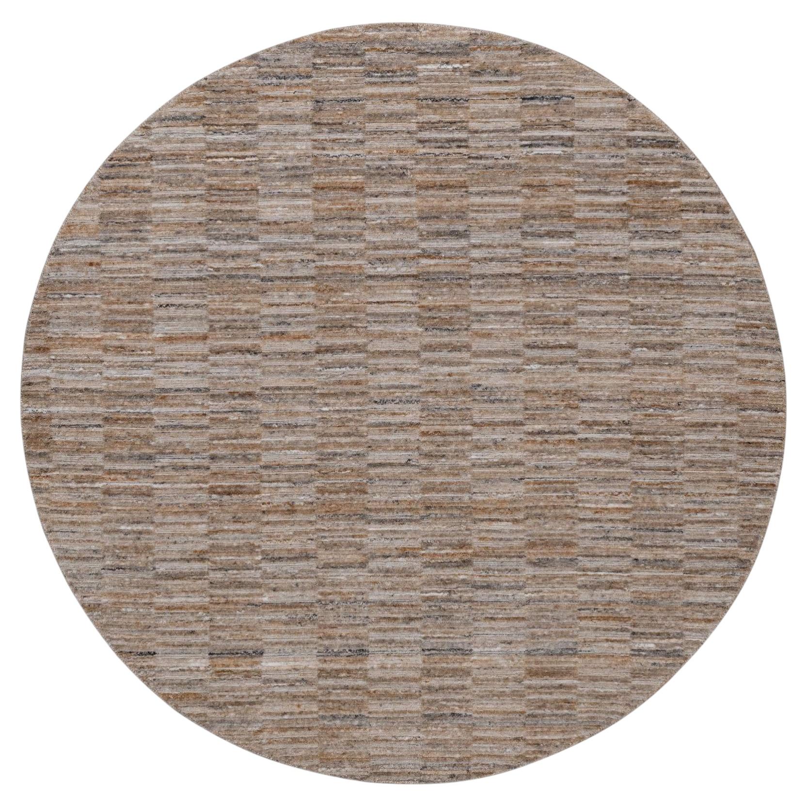 6'x6' Camel Brown Modern Grid Pattern Polyester Hand Loomed Round Rug For Sale