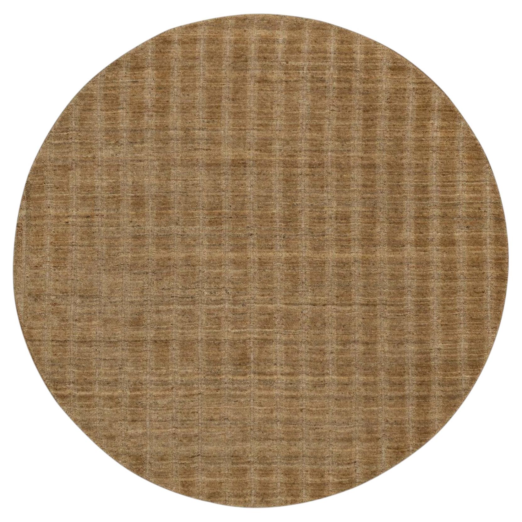 6'x6' Camel Brown Natural Wool Vertical Stripes Design Hand Loomed Round Rug