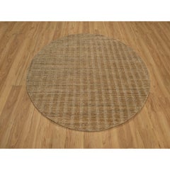 6'x6' Camel Brown Vertical Stripes Design Hand Loomed Natural Wool Round Rug