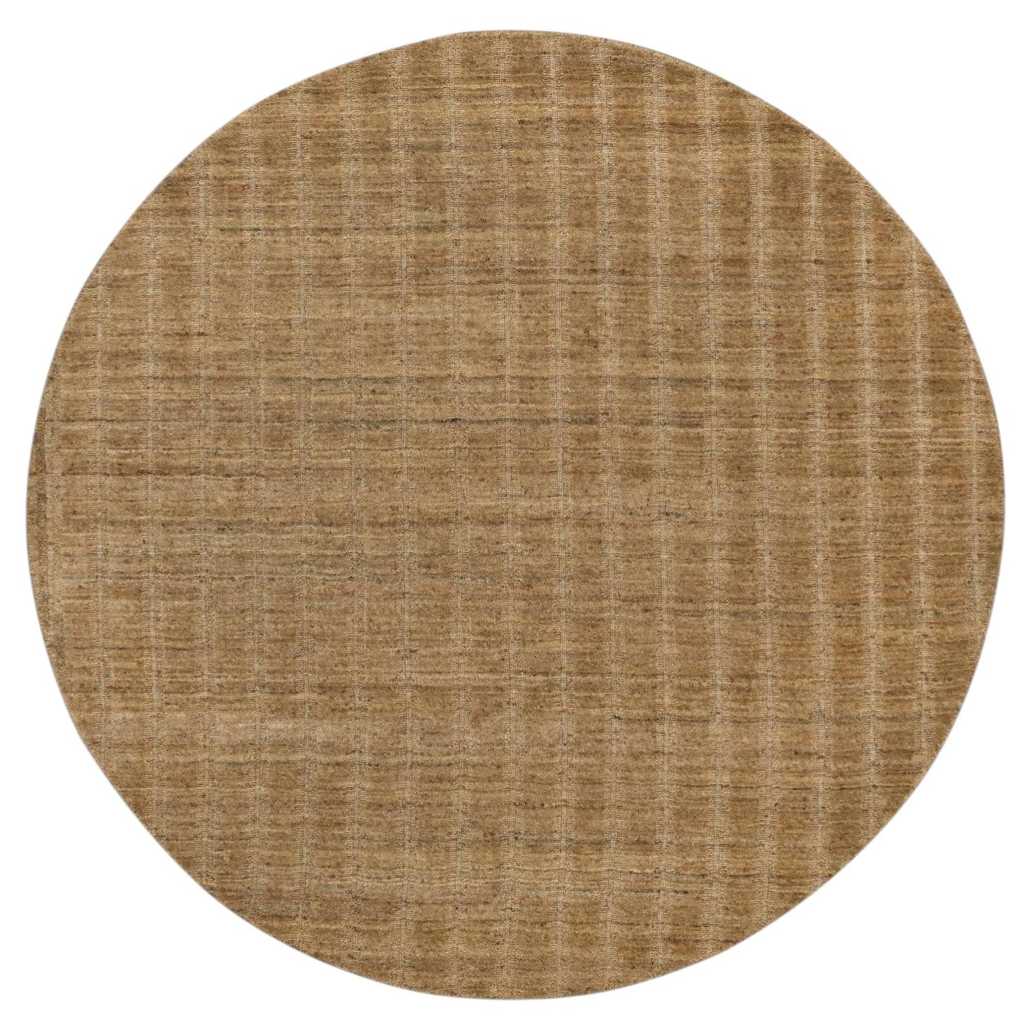 6'x6' Camel Brown Vertical Stripes Design Hand Loomed Natural Wool Round Rug