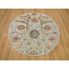 6'x6' Canvas Tan Silk and Wool Sickle Hand Knotted Leaf Design Round Rug