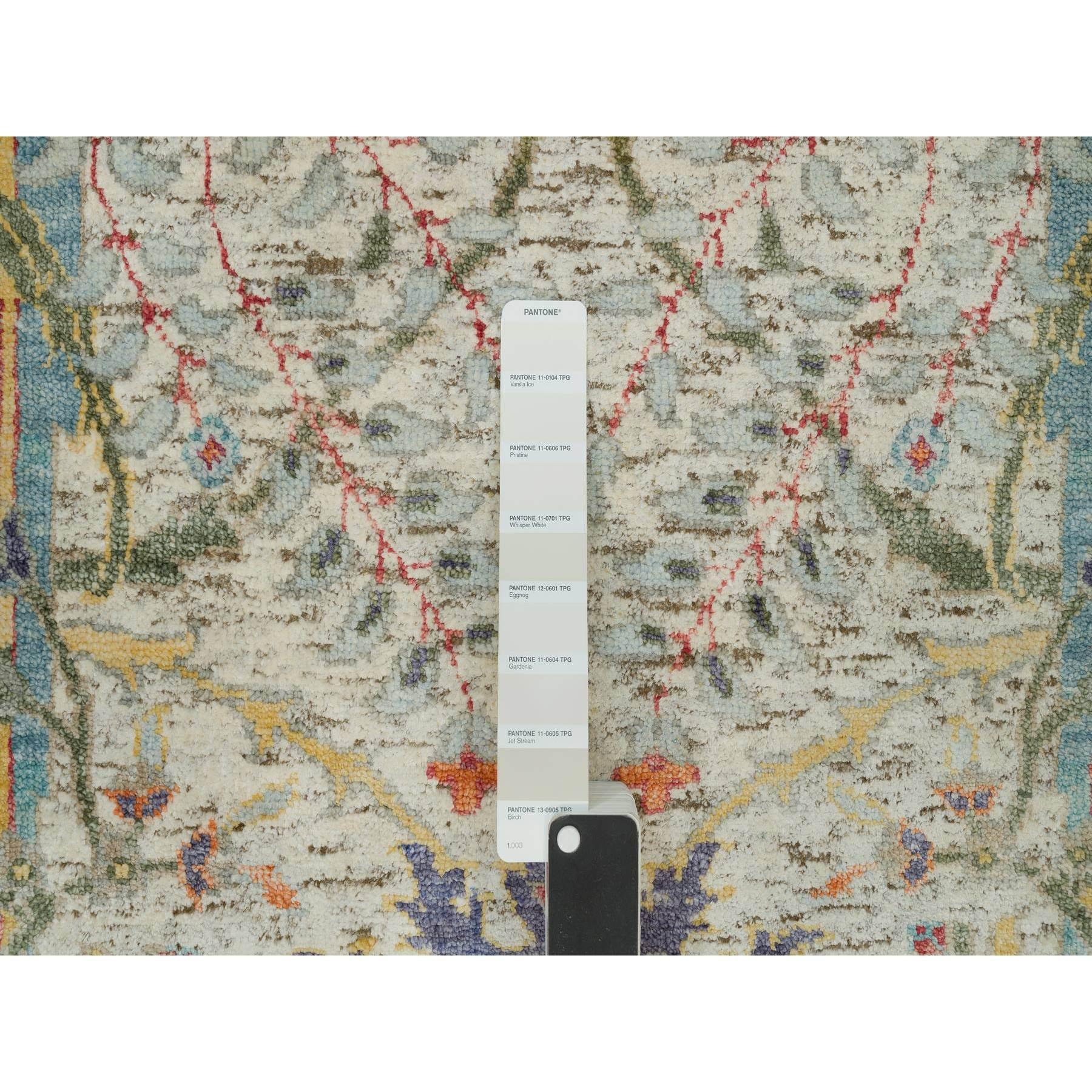 6'x6' Canvas Tan Seide und Wolle Sichel Hand geknotet Blatt Design Runde Teppich (Indisch) im Angebot