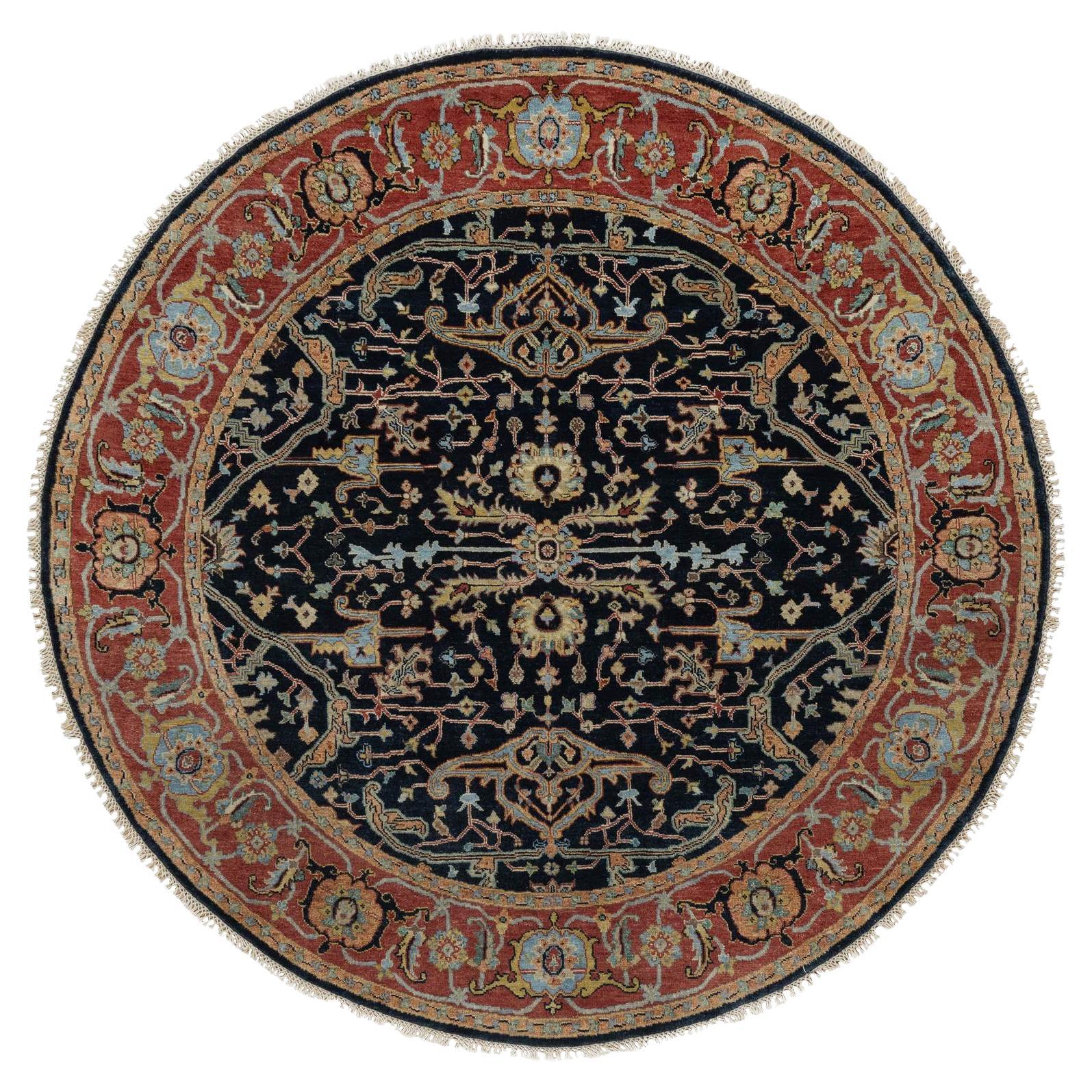 6'x6' Caviar Blue All Wool Antiqued Heriz Re-Creation Hand Knotted Round Rug