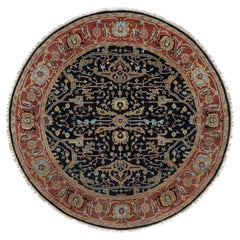 6'x6' Caviar Blue All Wool Antiqued Heriz Re-Creation Hand Knotted Round Rug