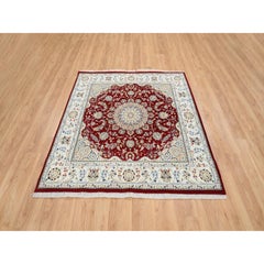 6'x6' Kirschroter Nain-Blumenmuster 250 KPSI handgeknüpfter quadratischer Teppich aus Wolle