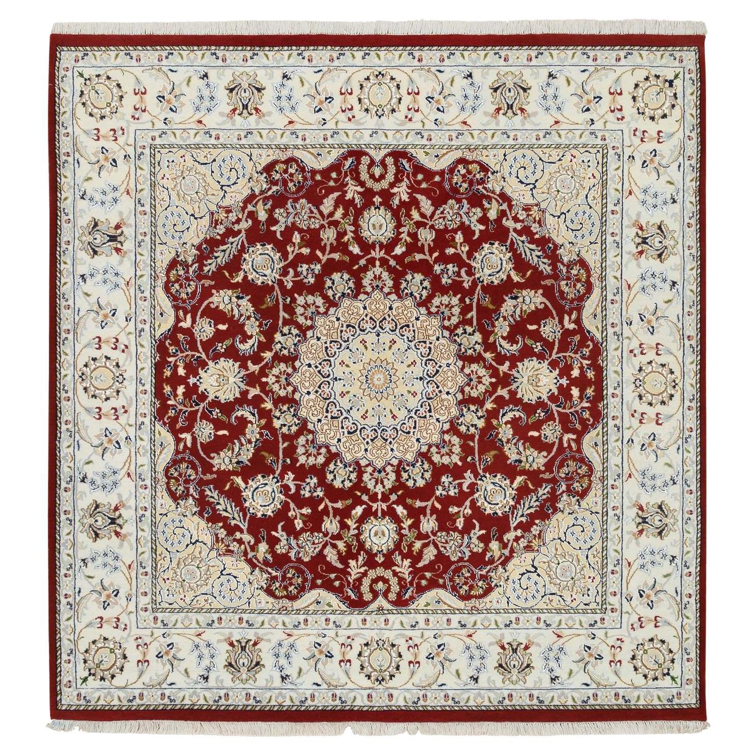 6'x6' Cherry Red Nain Flower Design 250 KPSI Wool Hand Knotted Square Rug