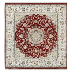 6'x6' Cherry Red Nain Flower Design 250 KPSI Wool Hand Knotted Square Rug
