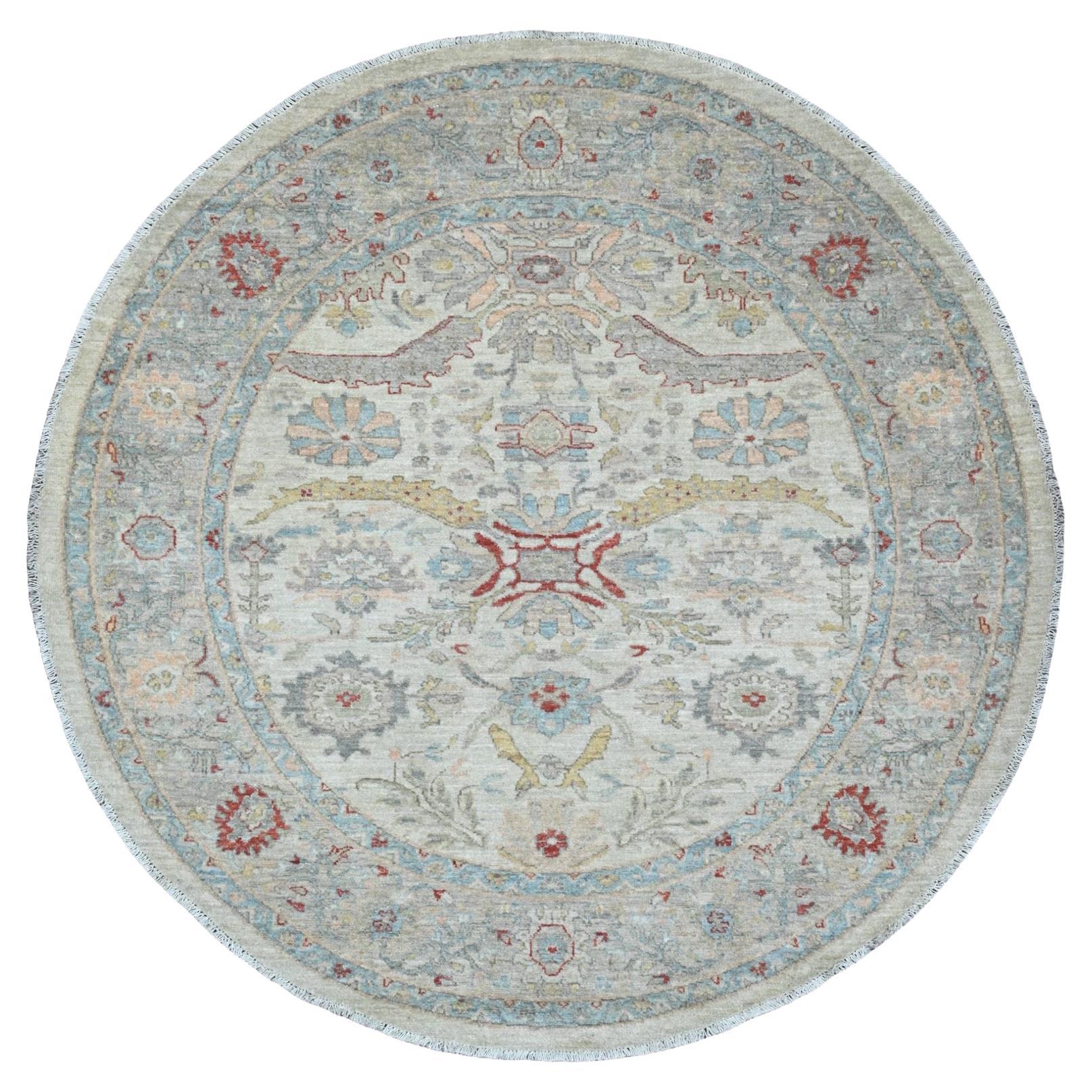 6'x6' Chiffon White Heriz All Over Design Pure Wool Hand Knotted Round Rug