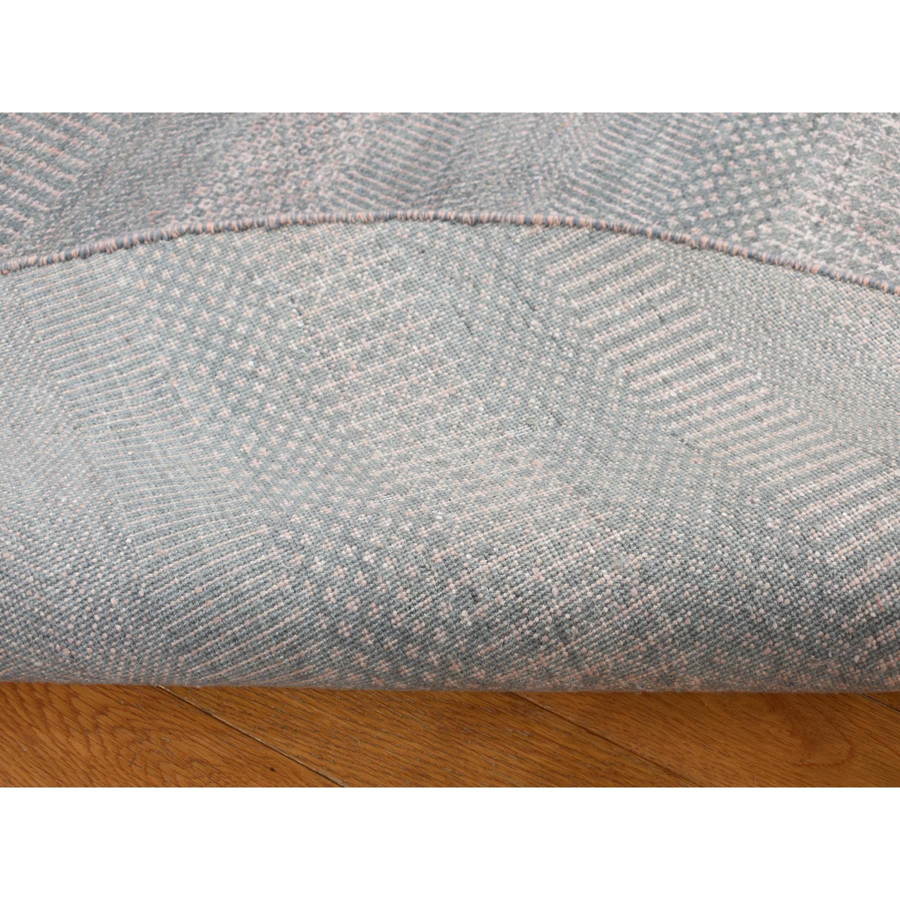 Cloud Gray, Wool and Silk, Grass Design, Hand Knotted, Round Oriental Rug
Primary materials: Wool & Silk
Latex: No Pile 
height: 0.25 Inches
Style: Transitional
Primary color: Grey
Secondary colors: Pink
Pattern: Oriental