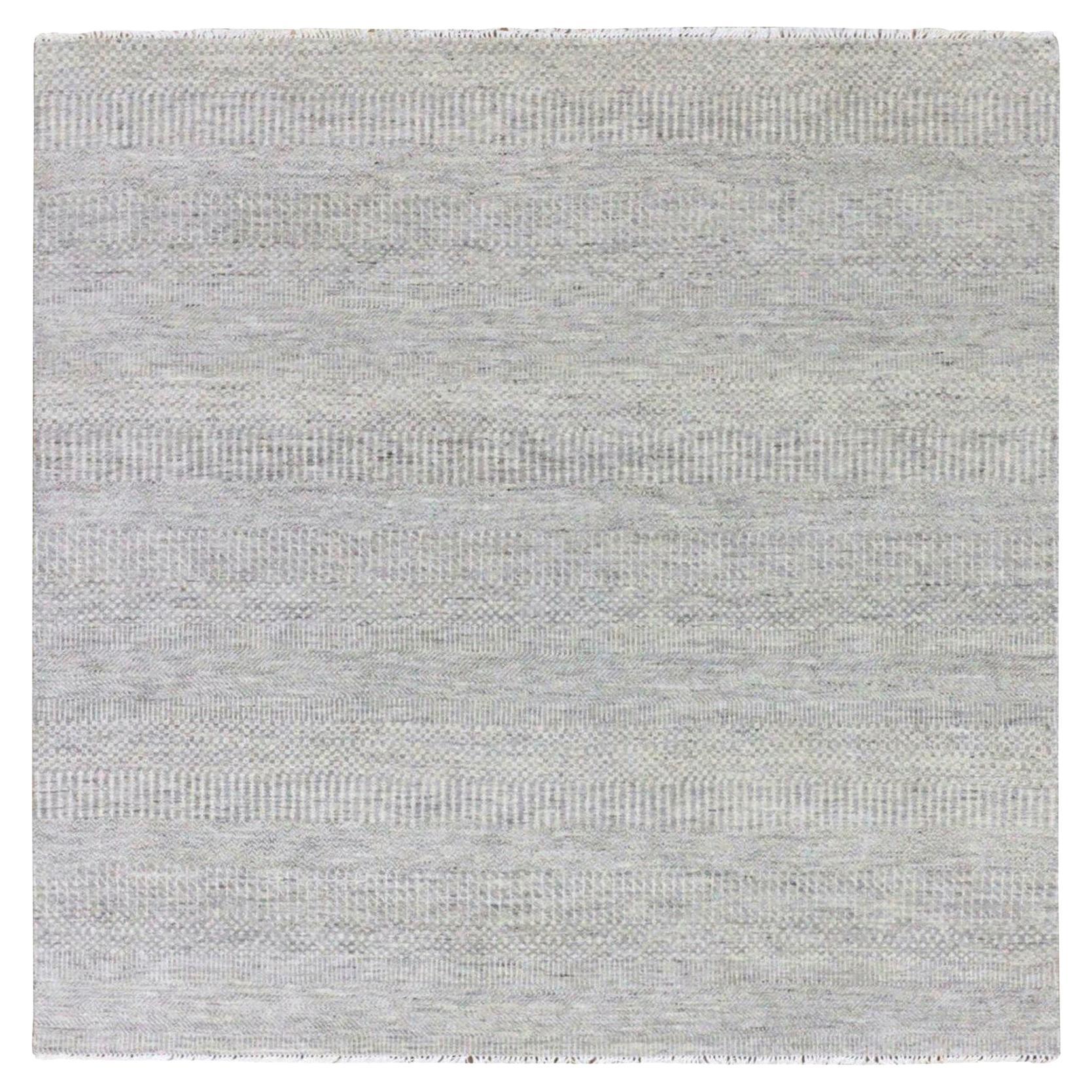 6'x6' Dunkelgrauer handgeknüpfter moderner quadratischer Teppich aus natürlicher und unbefärbter Wolle in Grasdesign