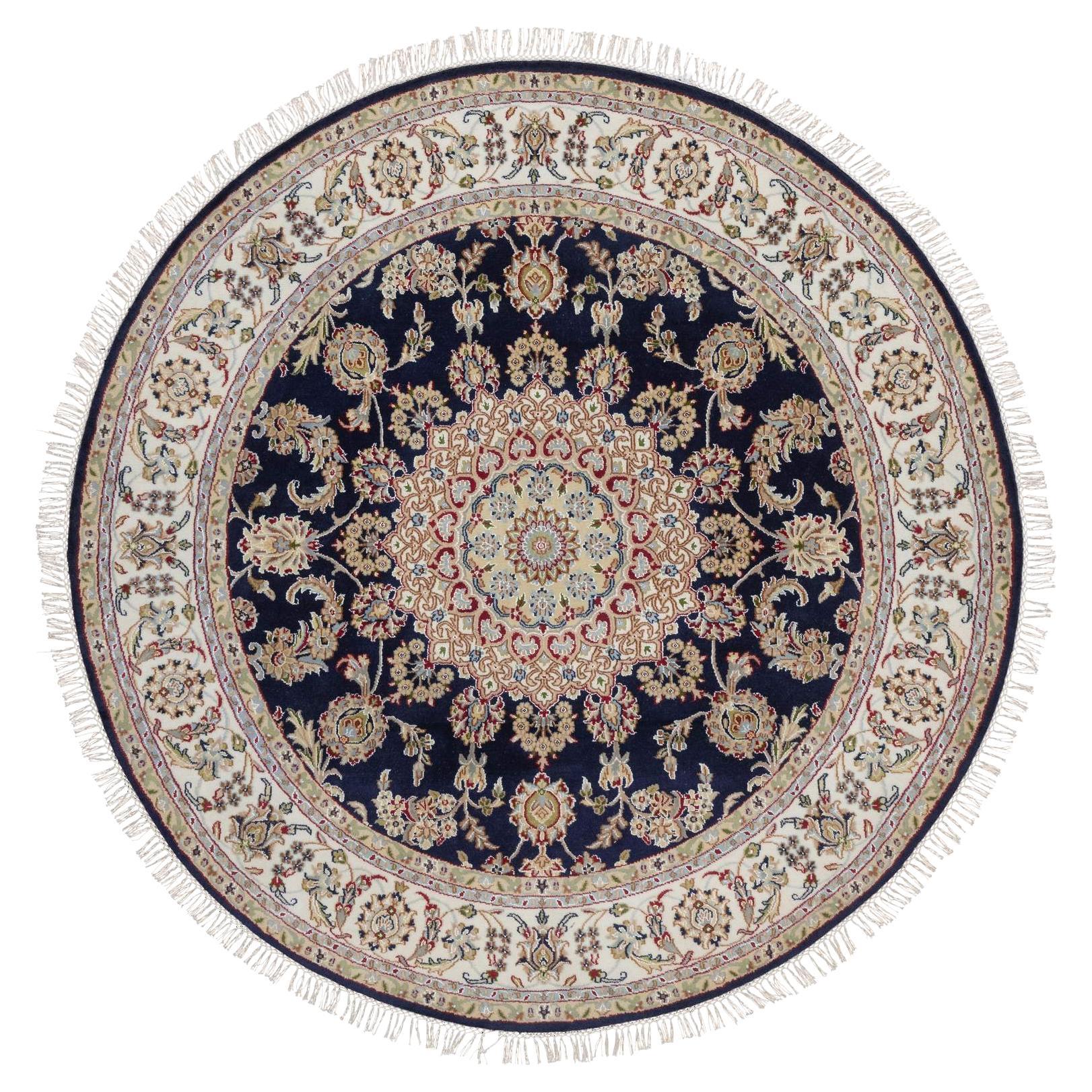 6
x6
 Denim Blue Wool and Silk Nain Flower Design Hand Knotted Round Rug For Sale