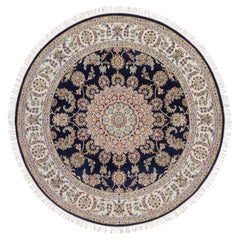 6
x6
 Denim Blue Wool and Silk Nain Flower Design Hand Knotted Round Rug