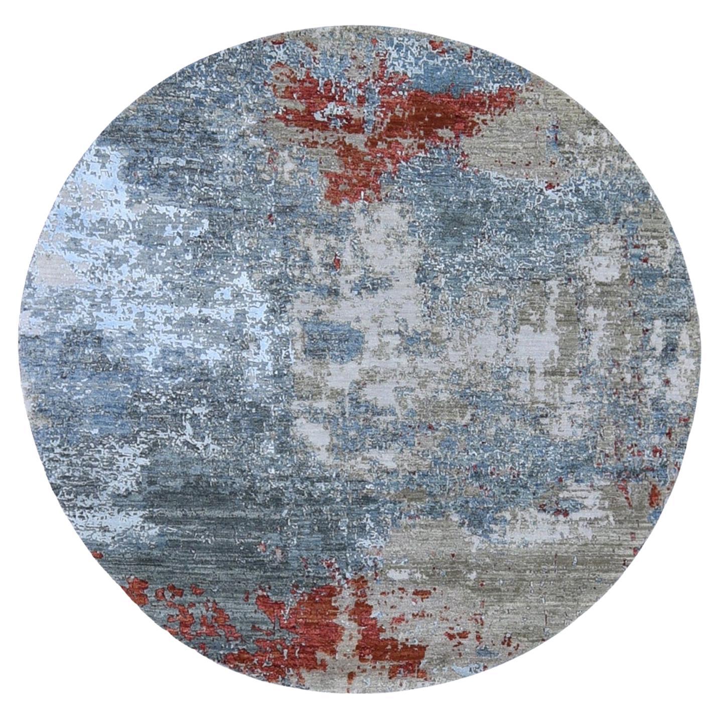 6'x6' Denser Weave Charcoal Gray Round Abstract Design Wool and Silk Rug
