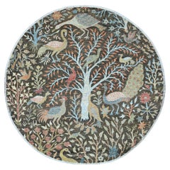 6'x6' Tapis rond en laine douce grise Afghan Peshawar Birds Design noué à la main