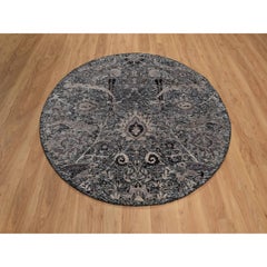 6'x6' Ebony Black Hand Knotted Sickle Leaf Design Silk with Wool Round Rug