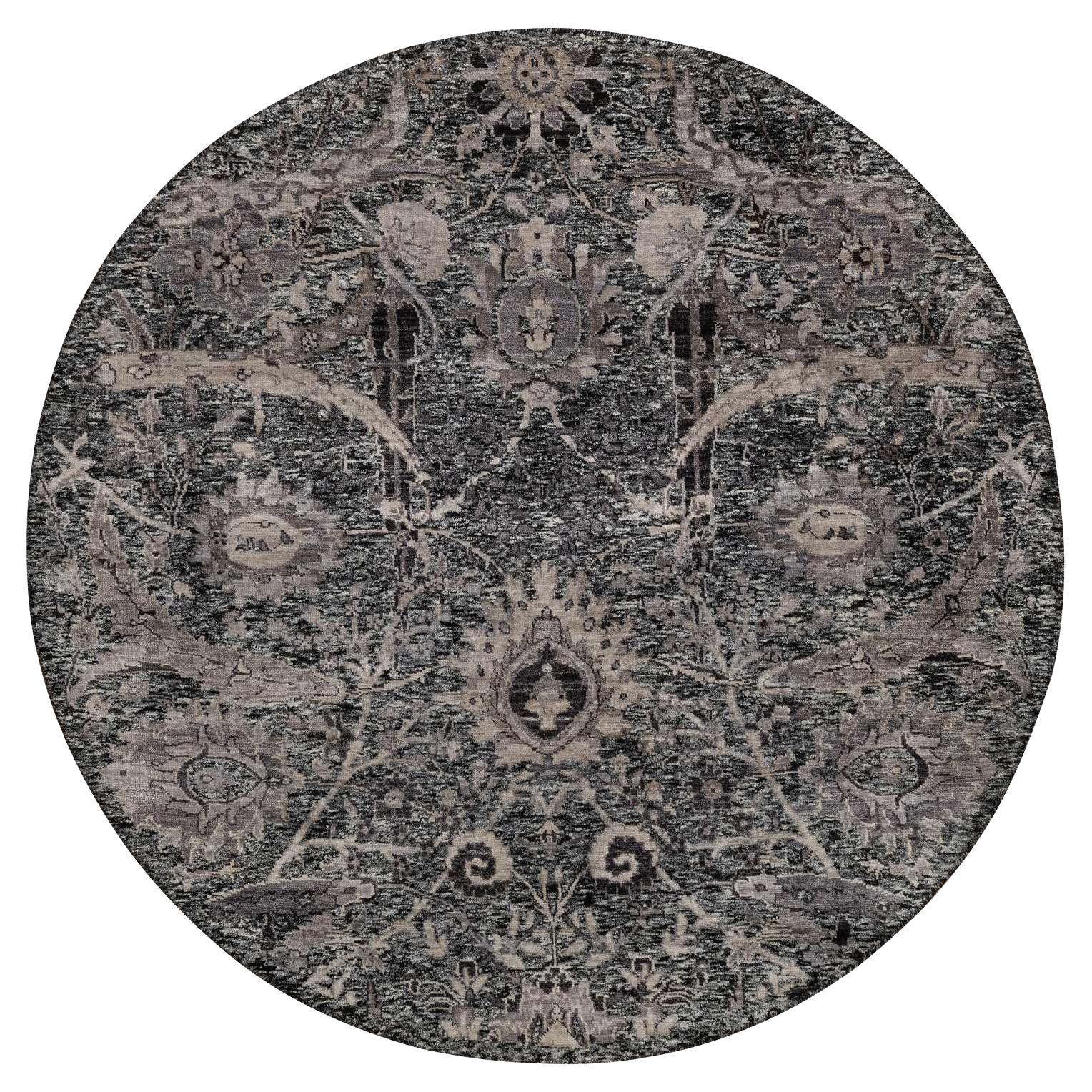 6
x6
 Ebony Black Hand Knotted Sickle Leaf Design Silk with Wool Round Rug For Sale