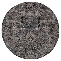 6'x6' Ebony Black Hand Knotted Sickle Leaf Design Silk with Wool Round Rug
