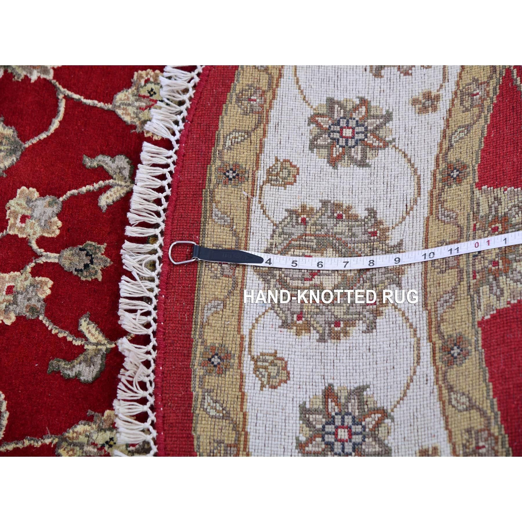 6'x6' Exotic Red Hand Knotted Wool and Silk Rajasthan Design Round Rug For Sale 4